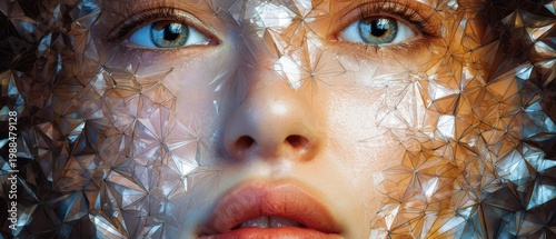 Futuristic portrait of a young woman with shattered glass effect digital art abstract environment close-up view modern concept