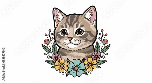 Whimsical kitten portrait adorned with a floral wreath and berries