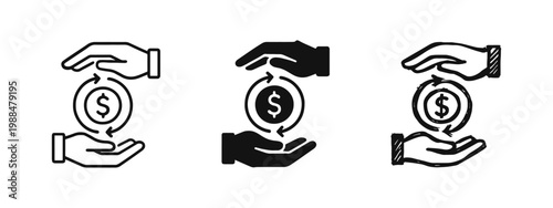 Money flow and cash refund icon set with hands and dollar coin for financial transactions