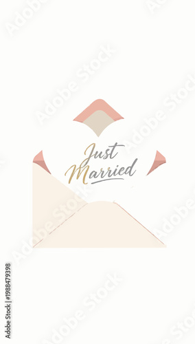 Minimalist Just Married Wedding Card in Open Envelope