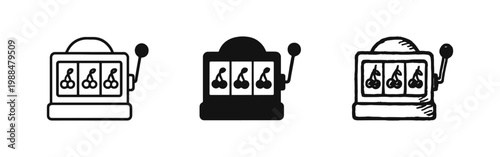 Slot machine with cherry fruit symbols icon set for casino gambling and lucky win concepts