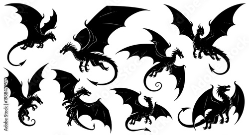 Black Flying Dragon Silhouette Collection Fantasy Myth Creature Vector Set