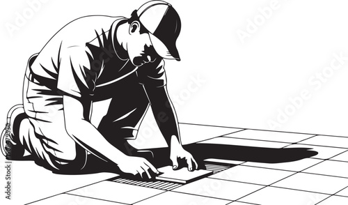 A man kneeling and installing tile flooring depicted in a striking black silhouette high quality .Flooring Worker Laying Tiles