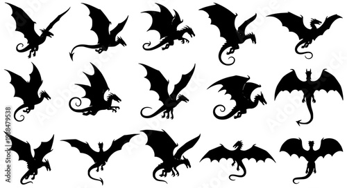 Flying Black Dragon Silhouette Vector Set Fantasy Creature Illustration Collection