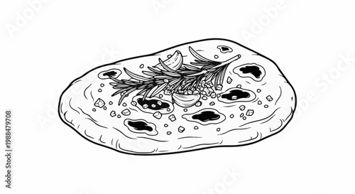Hand-drawn black and white illustration of seasoned flatbread with herbs and garlic