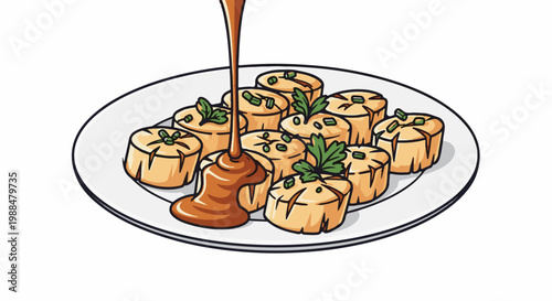 Golden fried dumplings drizzled with savory sauce on a white plate