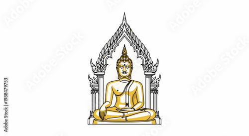 Golden Buddha statue sits serenely within a decorative, arched gateway
