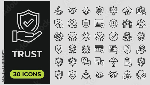 Trust Web Icon Set in Linear Style. Collection of reliable, line icons, including trustworthy, credibility, assurance, integrity, confidence, promise, loyalty, honesty and more. Editable stroke