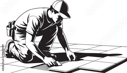 A man kneeling and installing tile flooring depicted in a striking black silhouette high quality .Flooring Worker Laying Tiles
