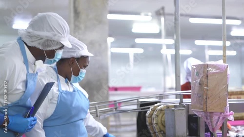 food safety researchers in lab coats discussing quality audit findings in seafood processing facility. A food safety inspector holding a clipboard while overseeing factory workers processing seafood