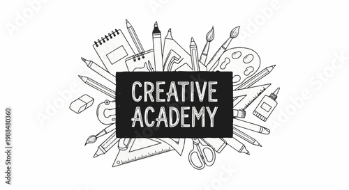 Black and white drawing of art supplies surrounding a rectangle with text