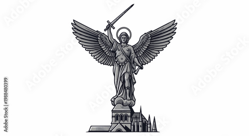 Angel statue with sword and scroll atop architectural structure