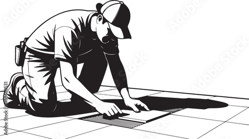 A man kneeling and installing tile flooring depicted in a striking black silhouette high quality .Flooring Worker Laying Tiles