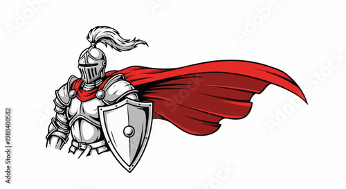 A knight in shining armor with a red cape and shield stands ready