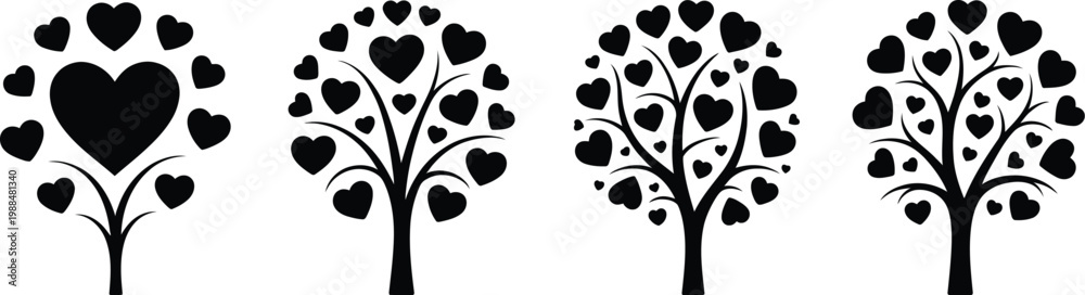 Fototapeta premium Four Heart Shaped Trees Black and White Silhouette Vector Illustration, Romantic Nature Scene for Love, Valentine Theme, Wedding Design, and Elegant Decorative Artwork