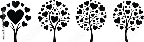 Four Heart Shaped Trees Black and White Silhouette Vector Illustration, Romantic Nature Scene for Love, Valentine Theme, Wedding Design, and Elegant Decorative Artwork
