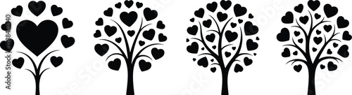 Four Heart Shaped Trees Black and White Silhouette Vector Illustration, Romantic Nature Scene for Love, Valentine Theme, Wedding Design, and Elegant Decorative Artwork