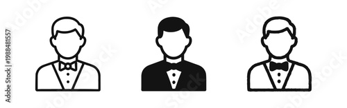 Butler waiter person icon set in outline, solid, and hand-drawn styles