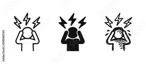 Stressed person headache icon set in outline, solid, and hand-drawn styles