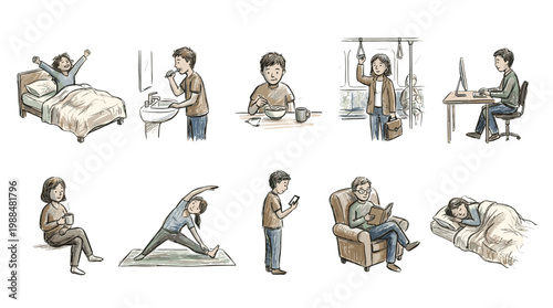 Daily Routine Activities Illustration Set: Wake Groom Eat Commute Work Relax