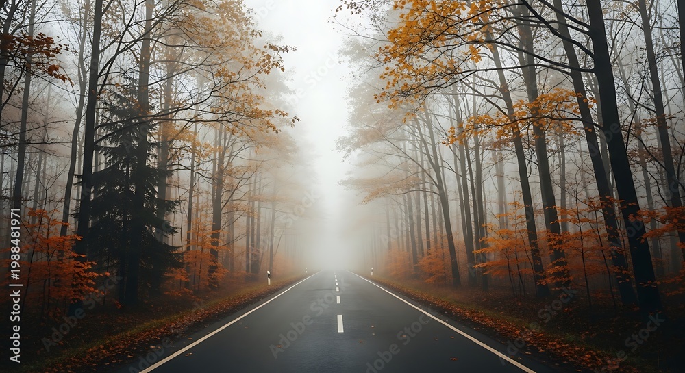 Obraz premium Road through foggy forest during autumn with trees and atmospheric perspective