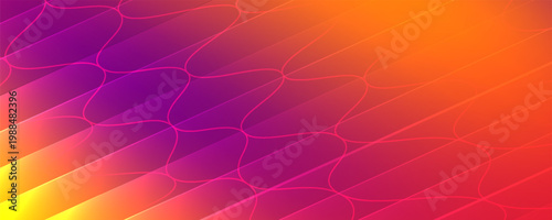 Sebuah desain abstrak yang mempesona menampilkan pola gelombang suara dalam nuansa merah muda, oranye, dan kuning, berlatar belakang hitam ramping, menciptakan efek visual dinamis