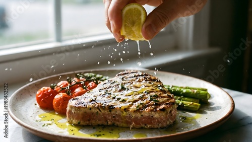 A hand squeezing fresh lemon juice over a perfectly grilled tuna steak, served with vibrant roasted cherry tomatoes and green asparagus on a rustic plate.