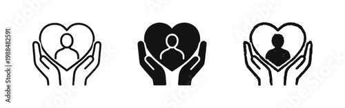 Customer Care Icon Set with Hands Holding Heart and Person for Charity Support and Relationship Symbol
