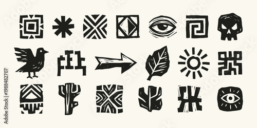 Hand-drawn Tribal Linocut Symbols and Icons Set