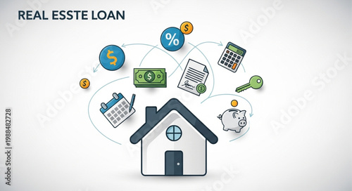 Real Estate Loan Concept with Icons and House Illustration.