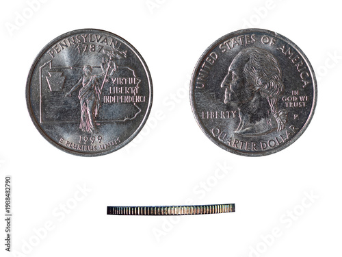 Close-up photo of a United States 1/4 dollar coin dated 1999, shown with front, back, and side views. This is the Pennsylvania state quarter from the U.S. 50 State Quarters series.