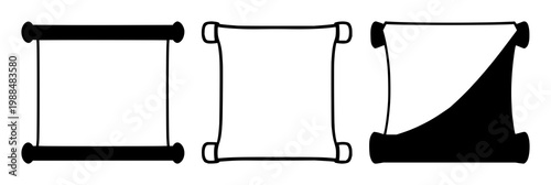 Smart contract digital scroll set with solid black icon on white background featuring minimalistic design, line art, iconography with blockchain and transparency