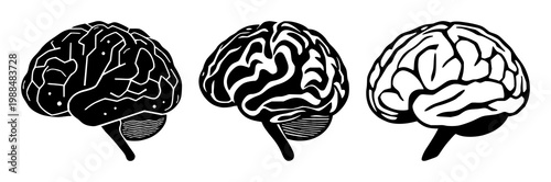 Artificial intelligence brain icon set with solid black silhouette against white background featuring circuit lines, neural network, technology illustration with digital and schematic