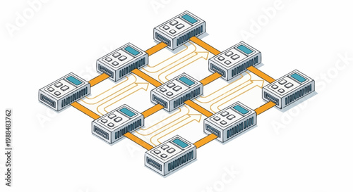 Network infrastructure with interconnected server blocks.