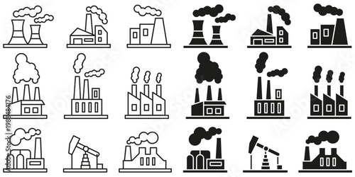 Icons in various styles with a factory theme. A collection of images of factory buildings.