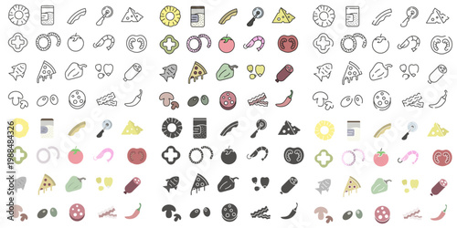 Pizzerias in various styles. A selection of pizza ingredients. Delicious Italian cuisine.