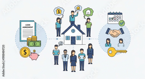 Real Estate Transaction Process with People and Icons.