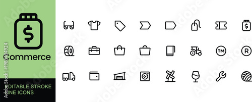 Editable stroke line icons representing various commerce and business elements, including shopping, finance, and trade