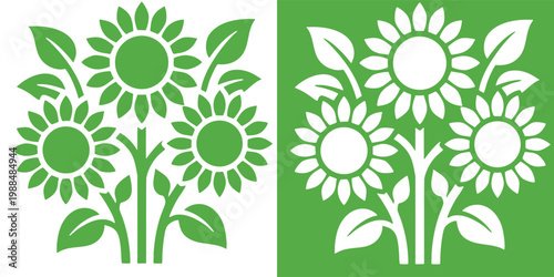 Modern minimalist green sunflower bouquet icon set on contrasting background