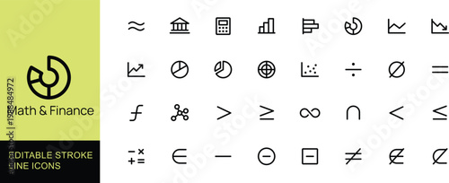 Collection of Math and Finance icons with editable stroke lines, representing concepts like analytics, economics, and statistics