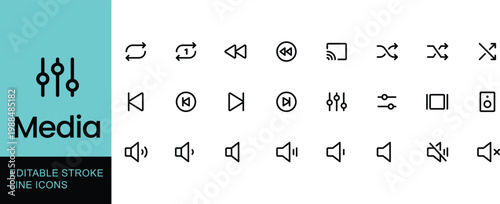 Editable stroke line icons for media player controls, navigation, and audio adjustments