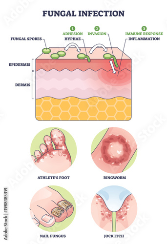Fungal infection diagram shows spores and hyphae invading skin layers and triggering inflammation, key objects, skin layers, fungal spores, hyphae. Outline diagram