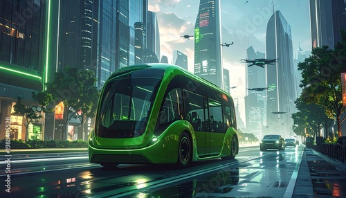Futuristic green autonomous electric bus driving in smart city at dusk with neon lights