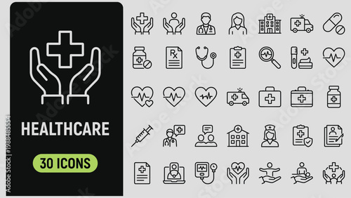 Healthcare set of web icons in line style. Medicine and Health Care linear icon collection. Containing emergency, physician, treatment, medical, report, analysis, wellness, prevention. Editable stroke