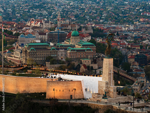 Renovated Liberty Statue, Szabadság Szobor, Citadella visitor center and Hungarian flag on Gellért Hill in Budapest, Hungary.
