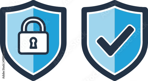 Cyber security shield icons with padlock and checkmark, blue protection symbols for data safety, secure firewall and privacy vector graphics