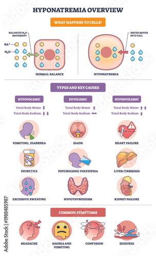Hyponatremia overview shows cell swelling as water enters with low sodium, icons summarize causes and symptoms. Key objects, cell, sodium ions, water drops. Outline diagram