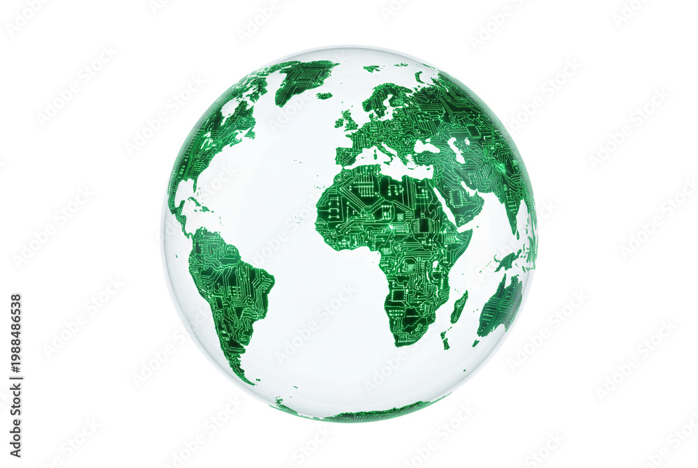 Fototapeta premium Transparent glass Earth globe with glowing green circuit board continents isolated on white