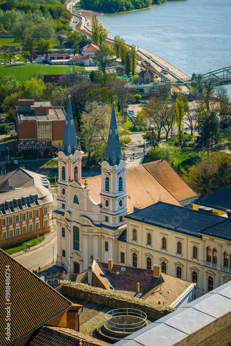View from renovated Esztergom Basilica, Esztergomi Bazilika to St Ignatius Church, Loyolai Szent Ignác templom in Esztergom Hungary.