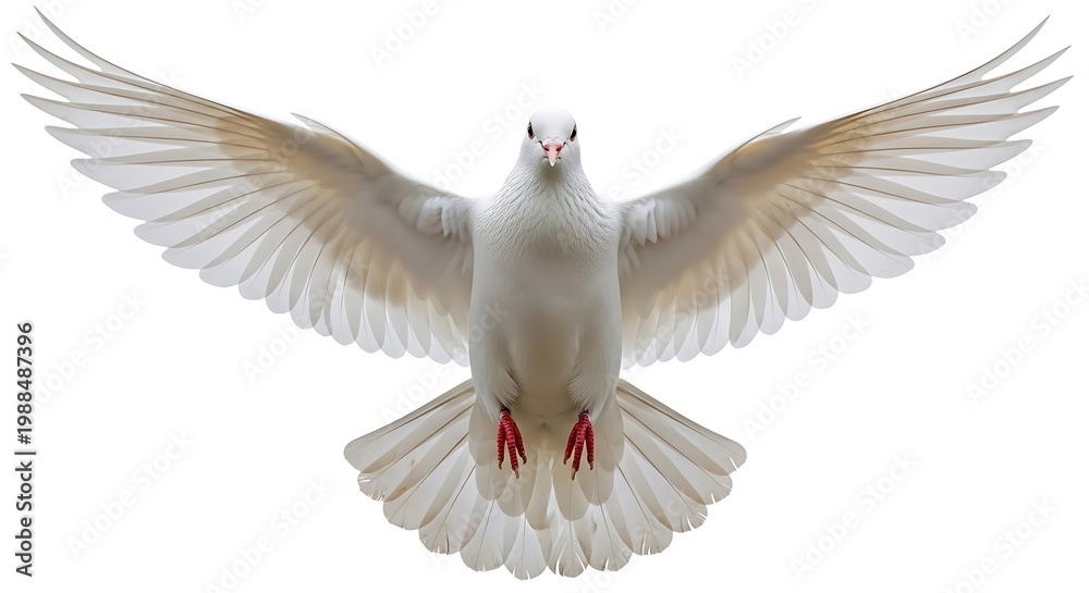 Fototapeta premium Beautiful white dove flying directly toward the camera with symmetrically spread wings isolated on a plain white backdrop.